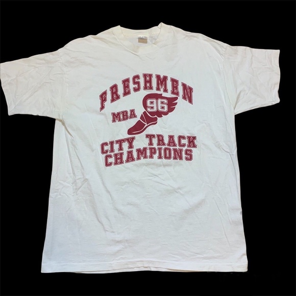 Vintage 90s Freshmen MBA Track Fruit of The Loom Tag USA 1996 White T-Shirt XL/L - Picture 1 of 9